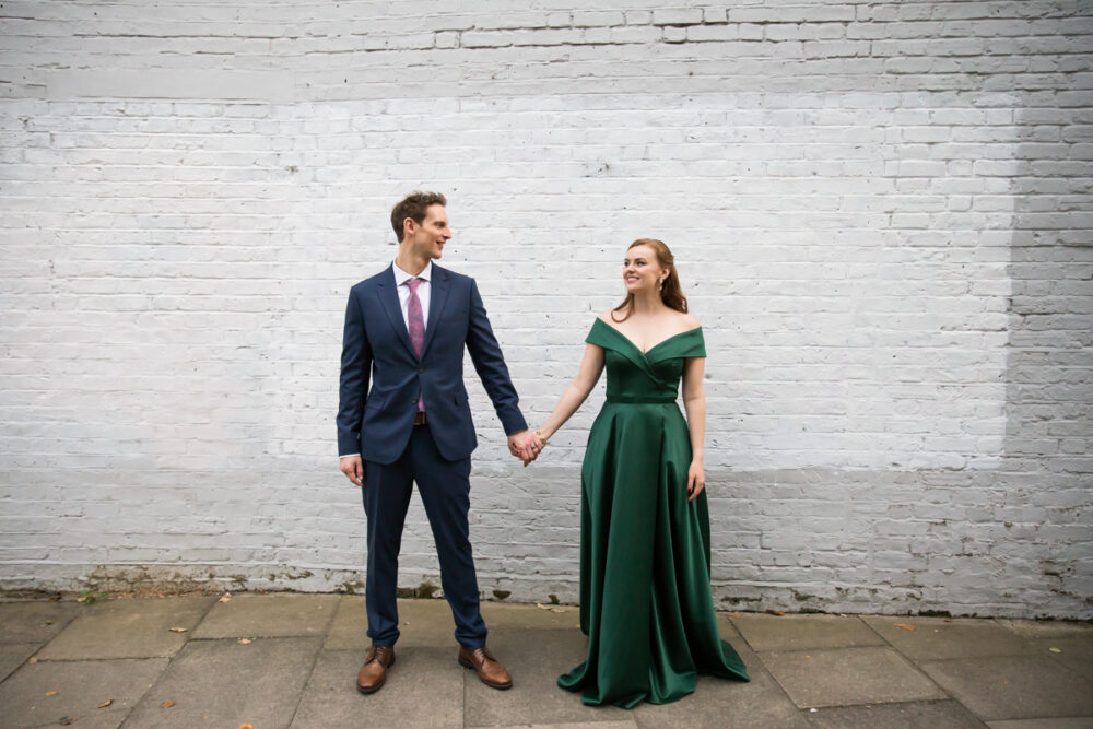 London wedding photography against brick wall