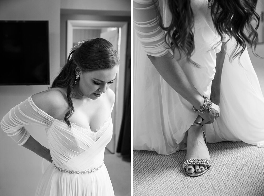 bride getting ready and putting shoes on