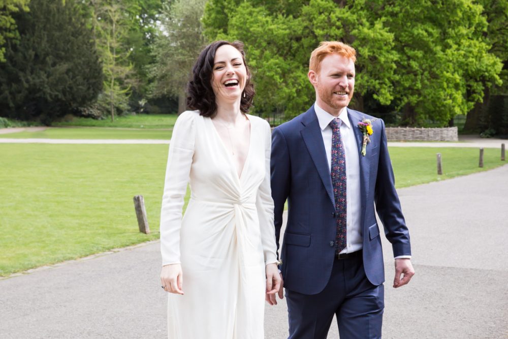 bride and groom walking in richmond park London