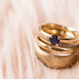 engagement ring with sapphire stone and wedding bands