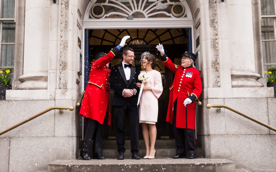 London elopement photography Chelsea Old Town Hall wedding confetti on the steps