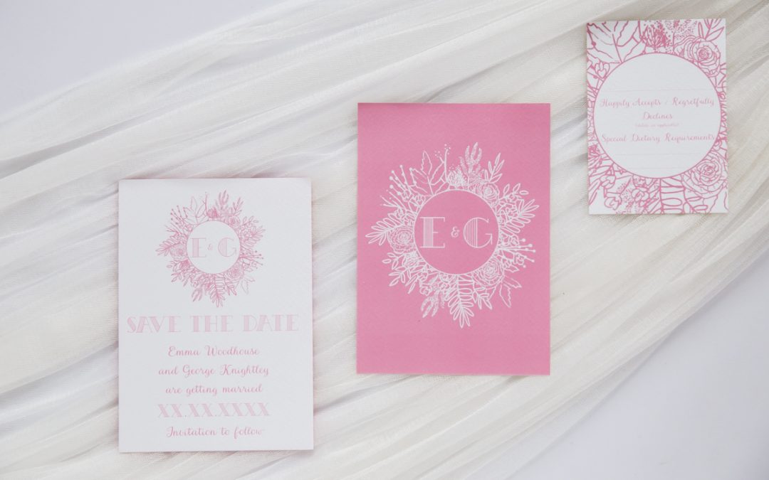Pink Jane Austen themed wedding stationery pink